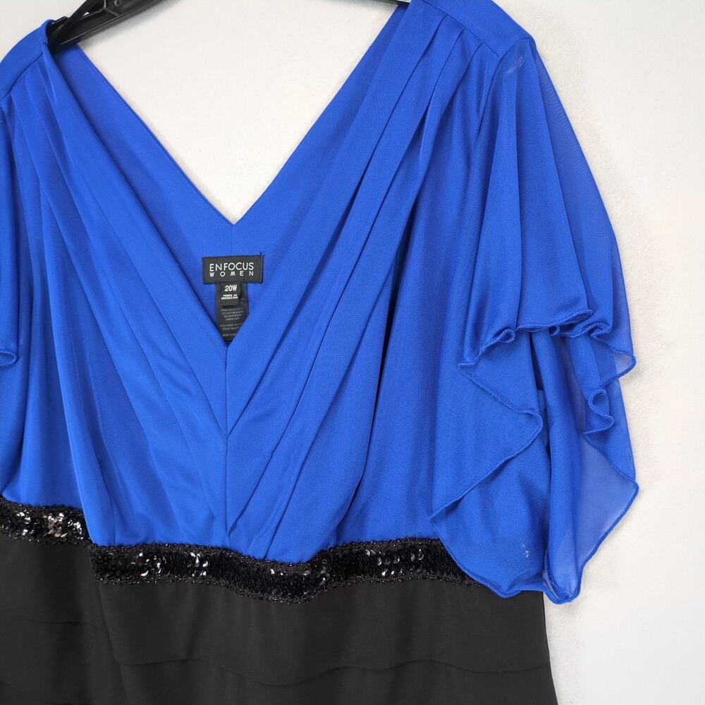 Enfocus Women's 20W Blue & Black Cocktail Dress, Flutter Sleeve, Plunge V Sequin - Picture 4 of 6
